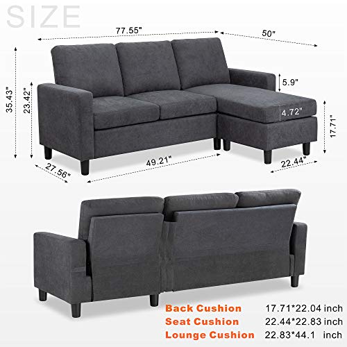 Walsunny Convertible Sectional Sofa Couch with Reversible Chaise, L-Shaped Couch with Modern Linen Fabric for Small Space (Dark Grey) - Image 6