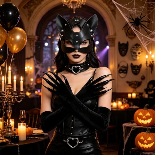 Halloween Kostüm Damen 3 Teilig, Cat Woman Maske Set mit Katzenmaske, Halsband und Lange Handschuhe, Halloween Accessoires für Karneval Fasching Maskerade, Cat Woman Kostüm, Maske Halloween Woman – Bild 4