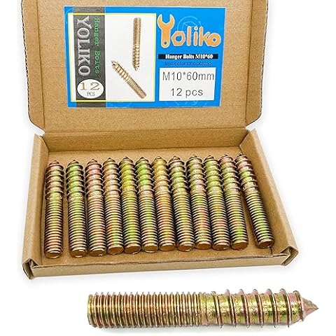 Yoliko 12 Pack M10 x 60 Hanger Bolts 60mm(2.36") Double Headed Bolts 10mm(0.39") Wood Dowel Screw Self-Tapping Screw Hanger Bolts for Furniture Screws Double Screw Threaded Rods Bolt 60mm Length Cover