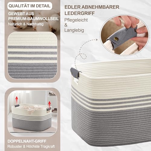 Wäschekorb Geflochten Klein aus Baumwollseil, 45L Aufbewahrungskorb mit Lederhenkeln, Korb für Decken, Kleidung, Spielzeug, Laundry Basket für Kinderzimmer Wohnzimmer, 45 x 35 x 27 cm, Weiß und Grau