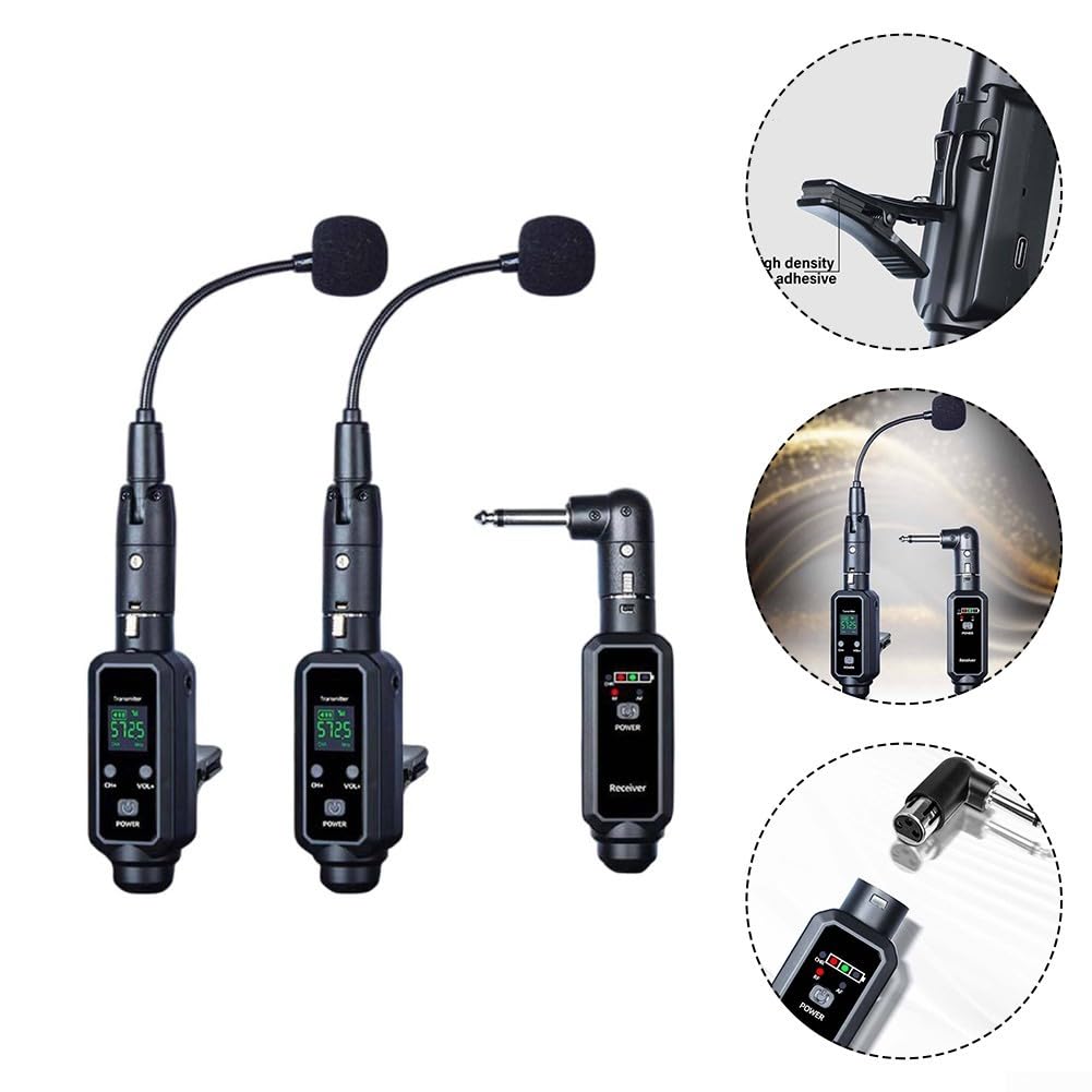 Sistema de micrófono inalámbrico UHF para saxofón Erhu trompeta, transmisor de audio estable de 570 a 590 MHz, juego de receptor con 8H para duración de la batería para conciertos y ensayos