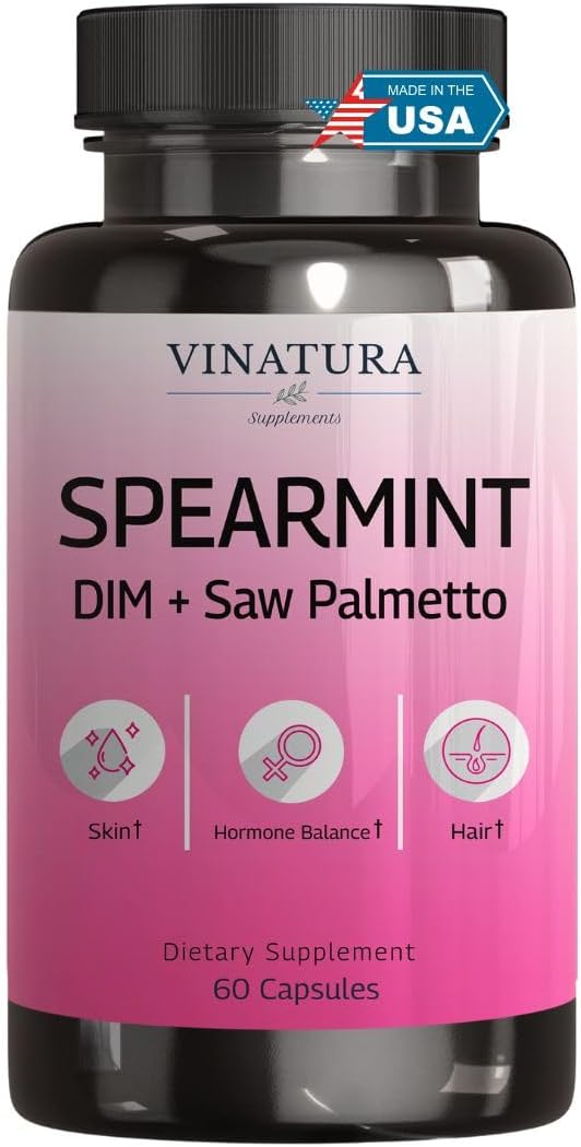 VINATURA VINATURA Spearmint Leaf Capsules Supplement - Enhanced with DIM & Saw Palmetto, for Unwanted Hair, Women' Health & Skin *USA Made & Tested* - 1380mg/serving, 60 Capsules (30 Servings)