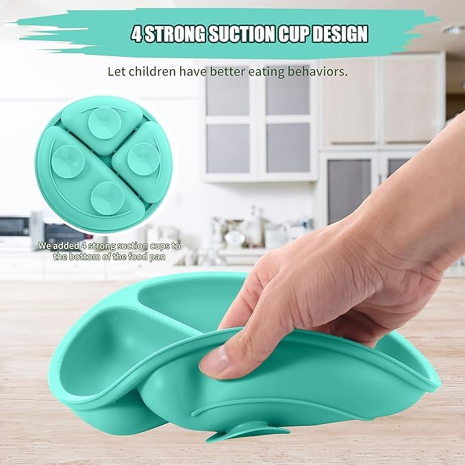 Image of BabyGo Silicone Suction Plates for Baby Microwave,Dishwasher, Freezer Safe Unbreakable with 4 Suction Cup Feeding Plate for Baby & Toddlers, BPA Free (Light Blue)