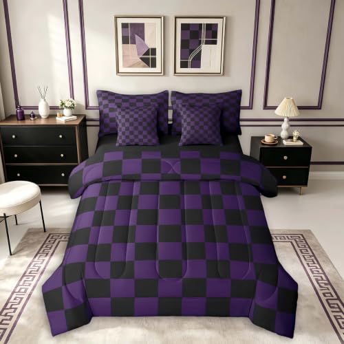 Image of Feelyou Checkered Queen Comforter Set with Sheets for Kids Boys Girls Purple Black Plaid 7 Pieces Bedding Set Cute Retro Neutral Checkerboard Geometric Bed in a Bag Vintage Aesthetic Room Decor Soft