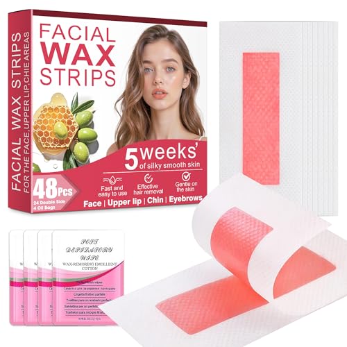 48Pcs Facial Wax Strips for Women, Upper Lip & Eyebrow Hair Removal, Hypoallergenic for Sensitive Skin, Removes Even Short Hair, Up to 5 Weeks Smooth, Easy No-Heat Waxing Kit