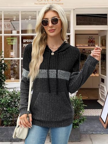 MixShe Women’s Color Block Knit Hoodie – Casual Long Sleeve Pullover Sweater Tops with Pocket