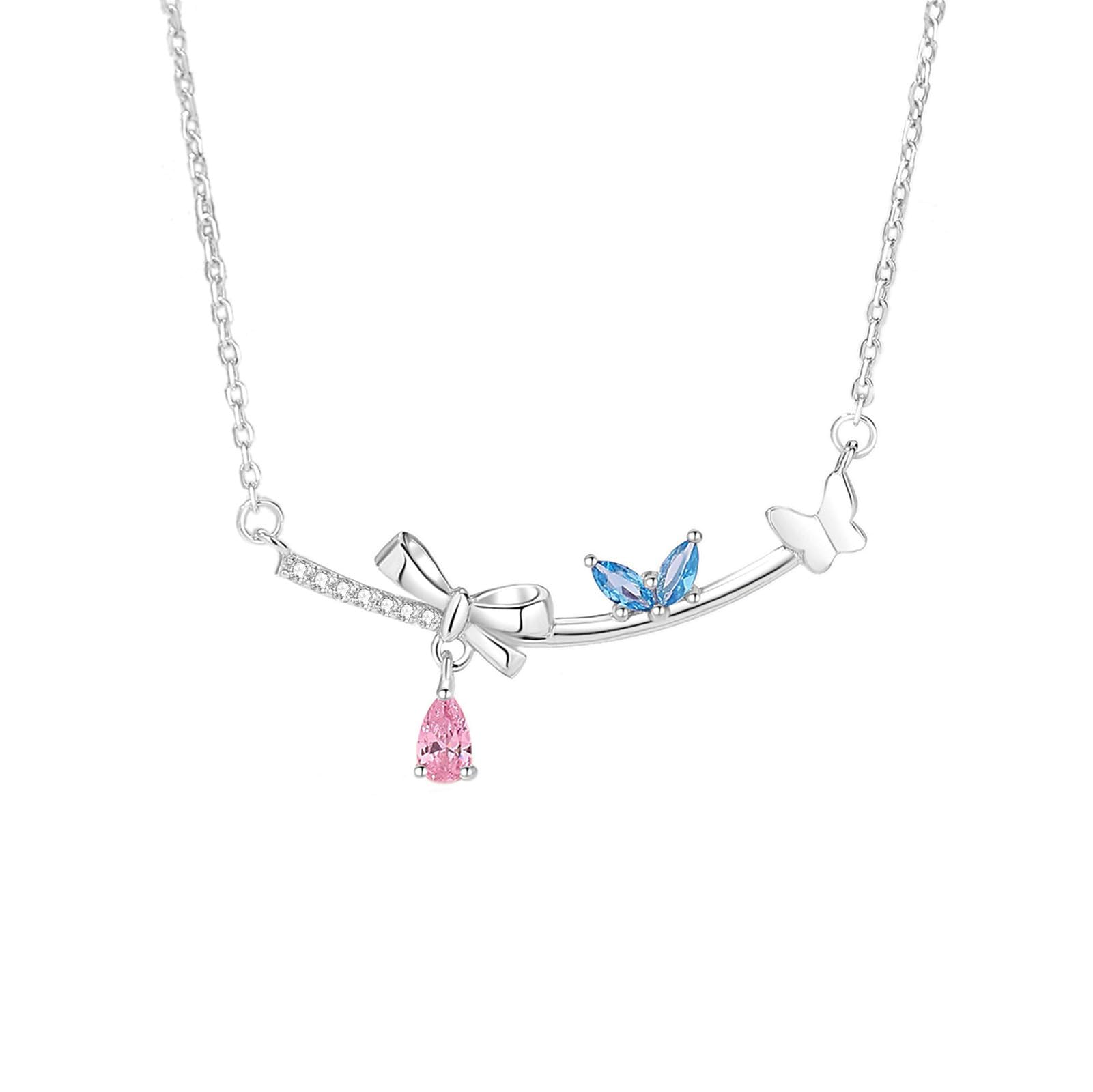 Collana in Oro 9/14/18 Kt Donna, Fiocco Farfalla con Sintetico Rosa Zaffiro e Topazio Moissanite Collana Ciondolo 375/585/750 Oro Bianco, 40+5cm