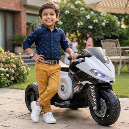 Image of Toyzone Ranger Electric Bike (White) | 6V Rechargeable Bike for Kids with 4.5Ah Battery | LED Lights, Music, MP3 /USB /BT | Smooth Acceleration | 6M Battery Warranty | Age 2-8 Years, Up to 35kg