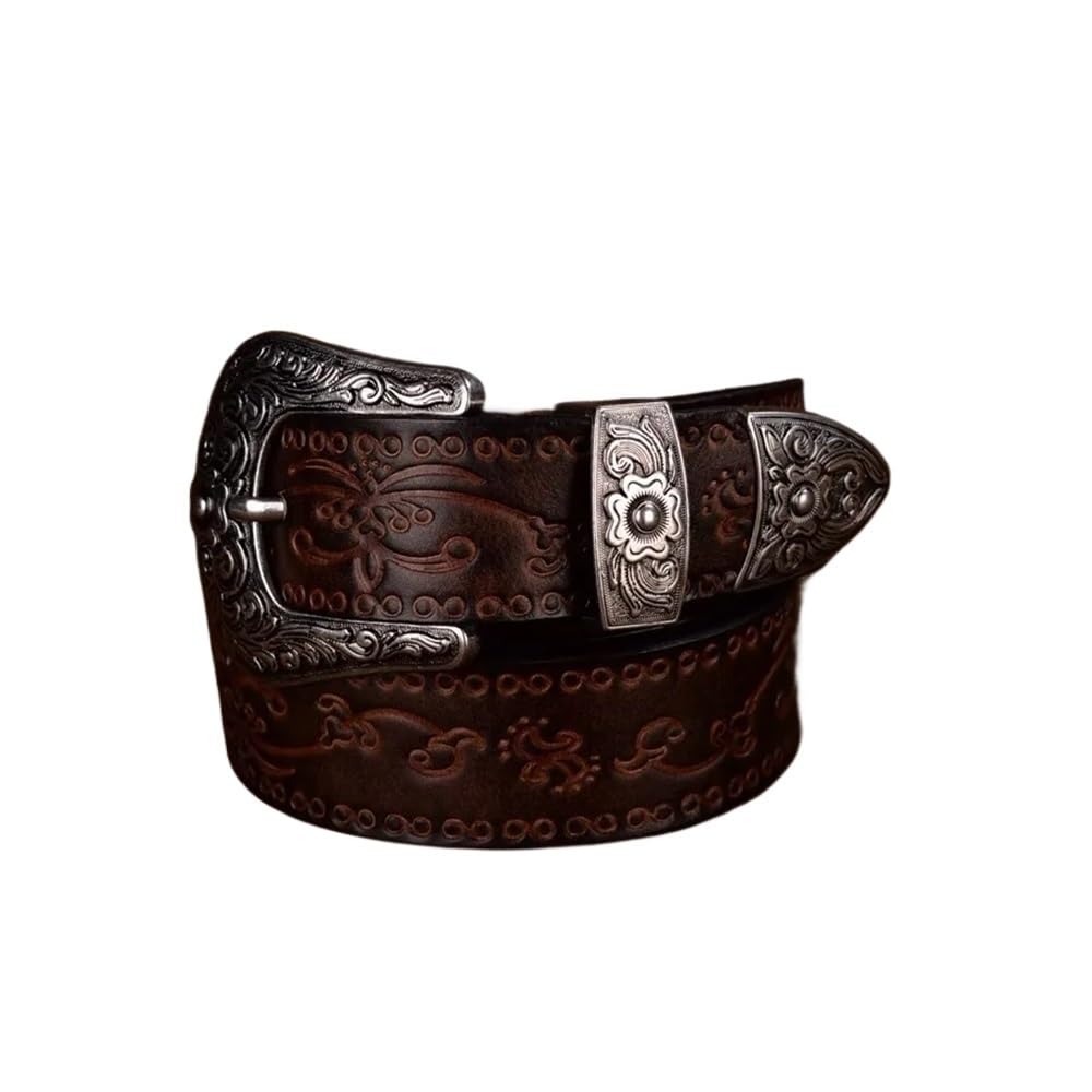Cmis Kbei Unisex Coffee Court Style Embossed Western Cowboy Steel Buckle Belt Genuine Leather Men Belt Punk Jeans Belts For Men(115Cm,)