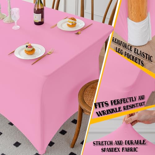 Famstar Table Cloth Pink 4FT Spandex Tablecloth for Rectangle Fitted Table Cloths Stretch Covers Washable Wrinkle Free Tablecloths for Festival Camping Picnic Wedding Party