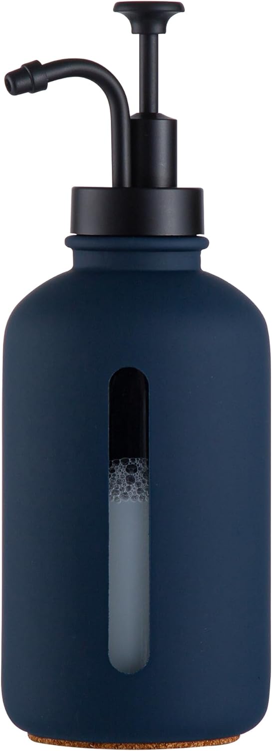 Enra Dispensador de jabón de vidrio con ventana, dispensador de jabón de manos azul de 17 onzas, bomba de mano de acero inoxidable, botella de