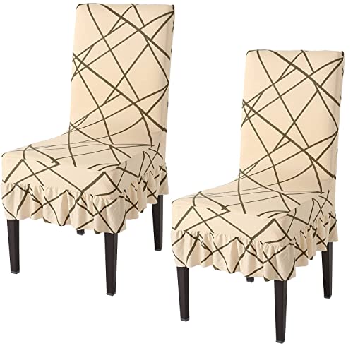 Image of HOKIPO Dining Chair Protector Cover Set Of 2 Elastic Slip Frill Covers (Ar-4091-D2*2, Beige)