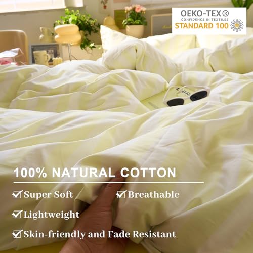 Image of EAVD Yellow and White Vertical Striped Duvet Cover Queen Soft Washed Microfiber Farmhouse Yellow Striped Bedding Set with 2 Pillowcases Reversible Geometric Pattern Duvet Cover with Zipper Closure