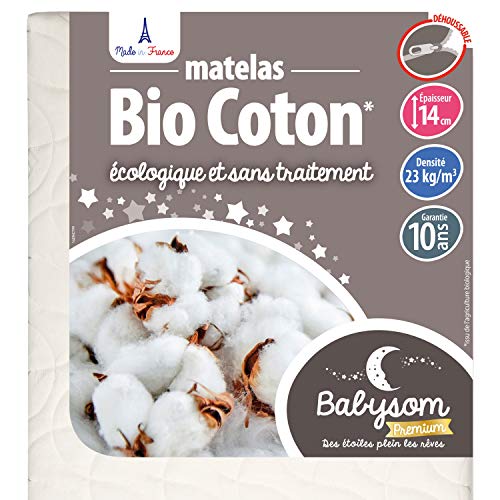 Babysom  Colchón para bebé orgánico algodón  70 x 140 cm | 100% algodón orgánico: fibras naturales | Grosor 14 cm | Desenfundable | Certificado GOTS® y Oeko-Tex | Fabricación francesa