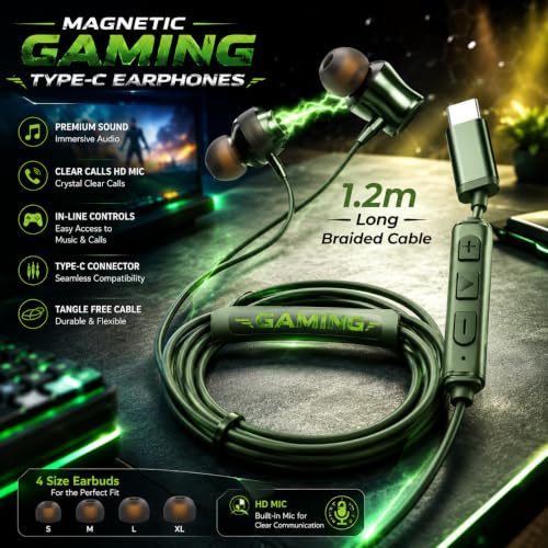 Image of GearZT Oasis TypeC Wired Earphone with Powerful HD Mic for Clear Sound, Deep Bass Sound, HD Calling, in-Line Volume Control & Noise Cancellation Compatible with only TypeC Jacks in Mobiles- Green