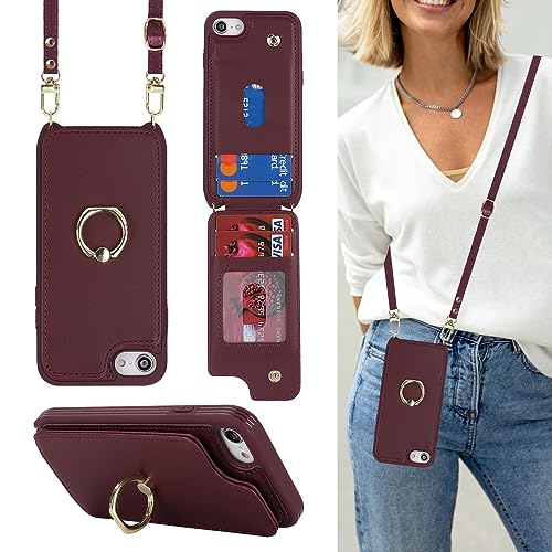 Image of for iPhone 7 Plus / 8 Plus Case with Card Holder and Strap for Women,Crossbody Lanyard,Kickstand Ring Stand,Snap Clasp,Phone Wallet Cases 5.5 inch(Wine Red)