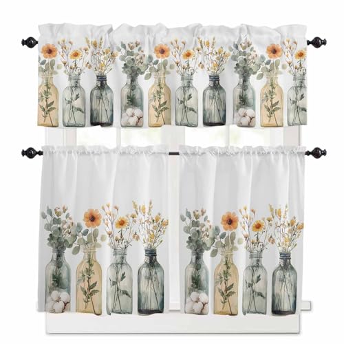 Eucalyptus Flower Kitchen Curtains 36 Inch Length,3 Piece Rod Pocket Small Half Tiers and Valance Set,Orange Floral Sage Green Leaf Daisy Small Large Window Treatment Decor for Bedroom/Bathroom Sink