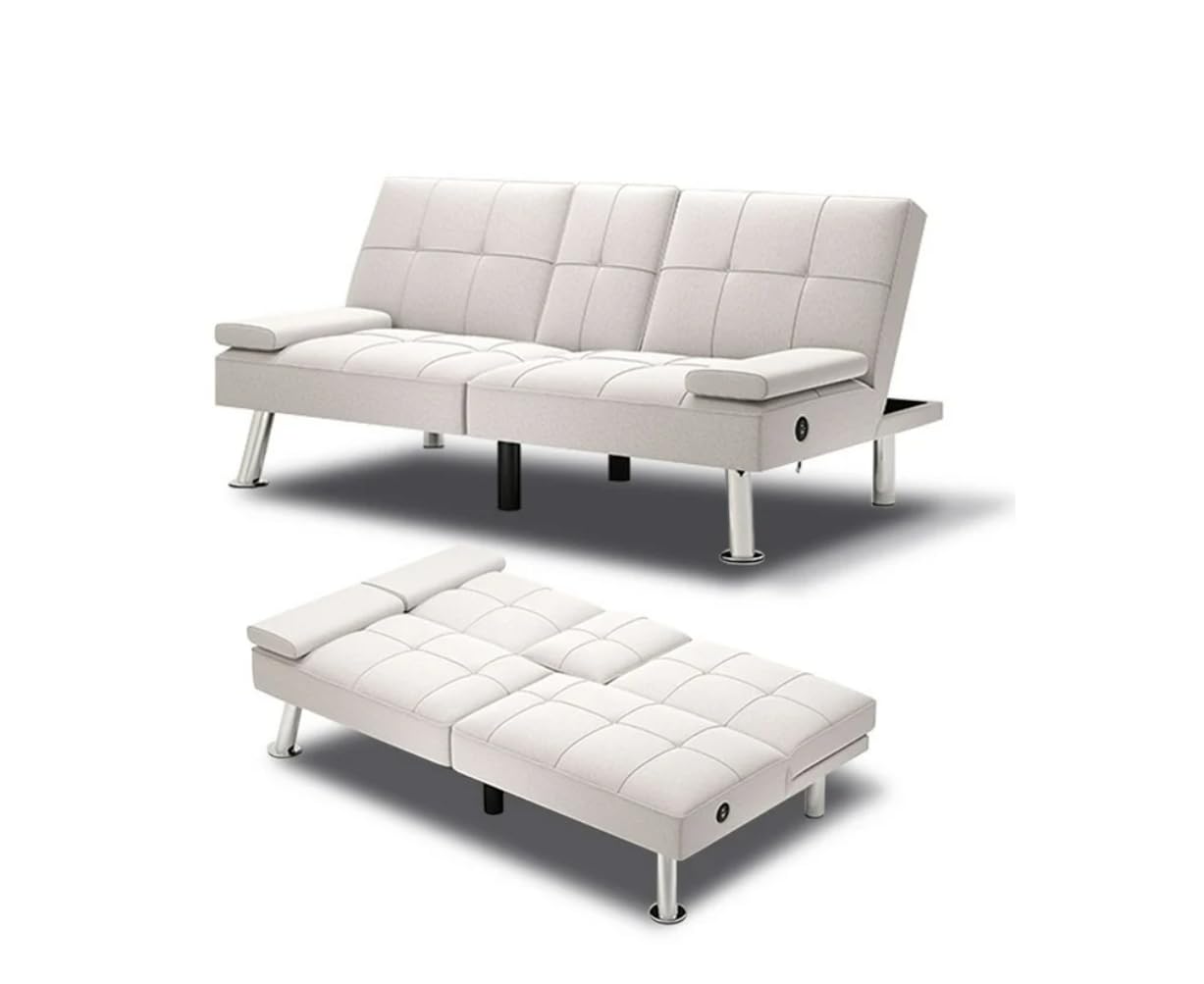 Futon Versatile 2-Seater Linen Folding Sofa Bed- Elegant Guest Bed,PU Leather, White