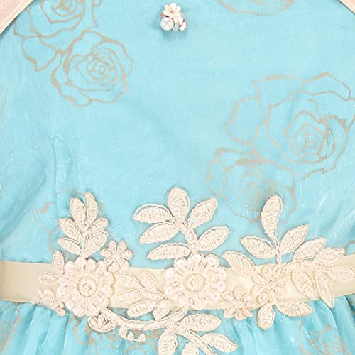 Image of Cutecumber Girls Satin,Organza & Net Fit & Flared Floral Printed Dress with Hairband.CC7175D-AQUA