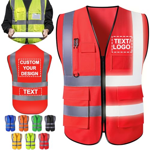 ShAxzHen Chaleco de seguridad personalizado para hombre y mujer con bolsillos de logotipo, ropa de trabajo de alta visibilidad personalizada con banda reflectante, rojo, M