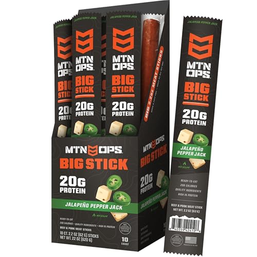 MTN OPS Big Stick High Protein Meat Sticks - 20g Protein 10% Collagen - Jalapeo Pepper Jack Flavor - Individually Wrapped Beef Snacks - 10 Count Carton