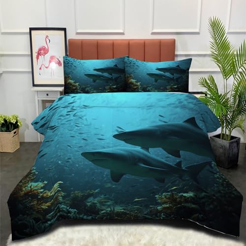 DLERFLOVR Edredón Relleno Nórdico 4 Estaciones Cama 150 220x240cm - Edredón Escuela De Tiburones Nórdico de Fibra Vista Al Mar Suave Transpirable para Invierno, Primavera y Otoño, Azul