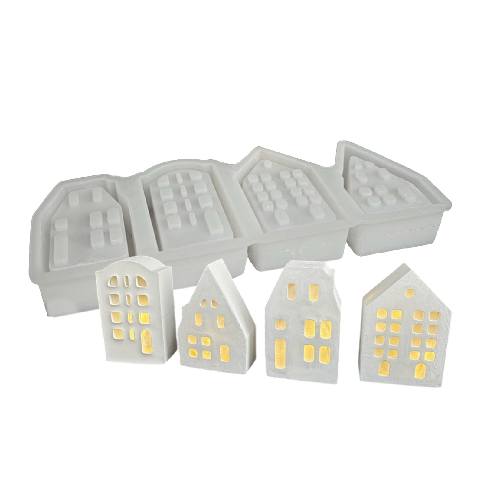 NEWFT Atmospheres Light Silicone Mold 4 Grids House Shaped Ornament Mould Candlestick Gypsum Mould Jewelry Making Supplies