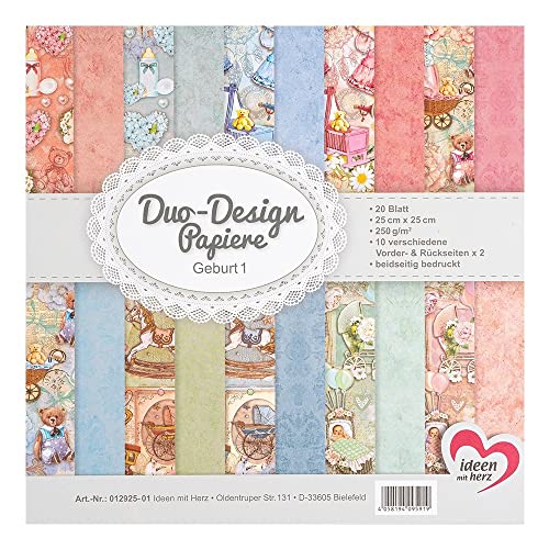 Ideen mit Herz Duo-Design - Bloc de 20 feuilles de papier de bricolage - 25 x 25 cm - 250 g/m² - Imprimé des deux côtés - Papier design - Idéal pour le...