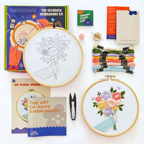 Image of KNOT YOUR TYPE Cotton Floral Bouquet DIY Embroidery Kit | Hand Embroidery Kit with All Stitching Materials | Perfect Art & Craft Gift Set, Stitching Kit for Adults, Blue