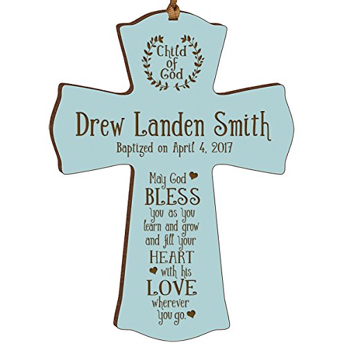 Image of LifeSong Milestones Blue Wood Baptism Cross Ornament: Remembrance and Gifts for Boys - 1st Communion, Baptismal, Christening, and Special Occasions