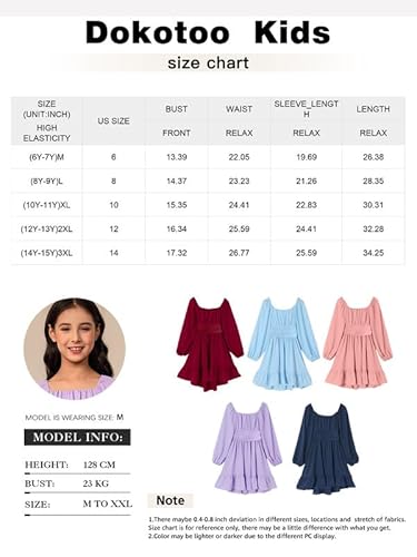 Dokotoo Kids Girls Long Sleeve Ruffle Hem Off Shoulder Dress Cute Square Neck Tie Back Party Birthday Dresses Pink 8-9 Years thumb #5