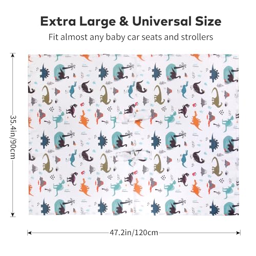 Image of Rquite Baby Boy Car Seat Cover, 100% Muslin Cotton Infant Carseat Canopy, Soft Breathable Stroller Sun Shade & Newborn Shower Gift, Large Size Universal Fit Summer, Hot & Warm Weather (Gray Dinosaur)