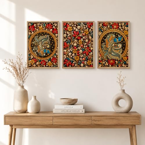 Image of Livin'luxe Set of 3 Abstract Peacock Flowers Wall Paintings for Living Room Bedroom Home Decor with Premium Wooden Color Synthetic Frame (25.5 x 19.5 Inch) NM03-72