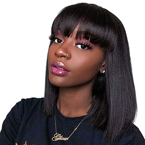 Fle Hair Straight Bob Wigs for Black Women Brazilian Virgin Human Hair Wigs with Bangs 130% Density None Lace Front Glueless Machine Made Wigs Natural Color (14 Inch, Bangs Wig)