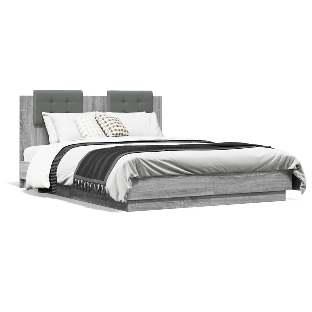 Homgoday Canapé con cabecero y LED gris Sonoma 135 x 190 cm, decoración, cama moderna estructura, marco para dormitorios