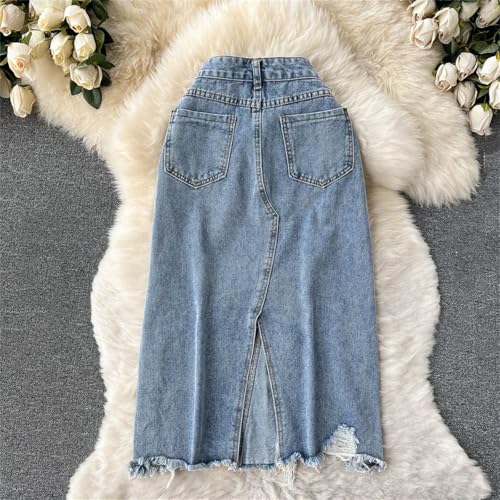 Women Pearls Beading Denim Skirts Summer High Waist Split Ripped Holes Midi Jean Skirt2