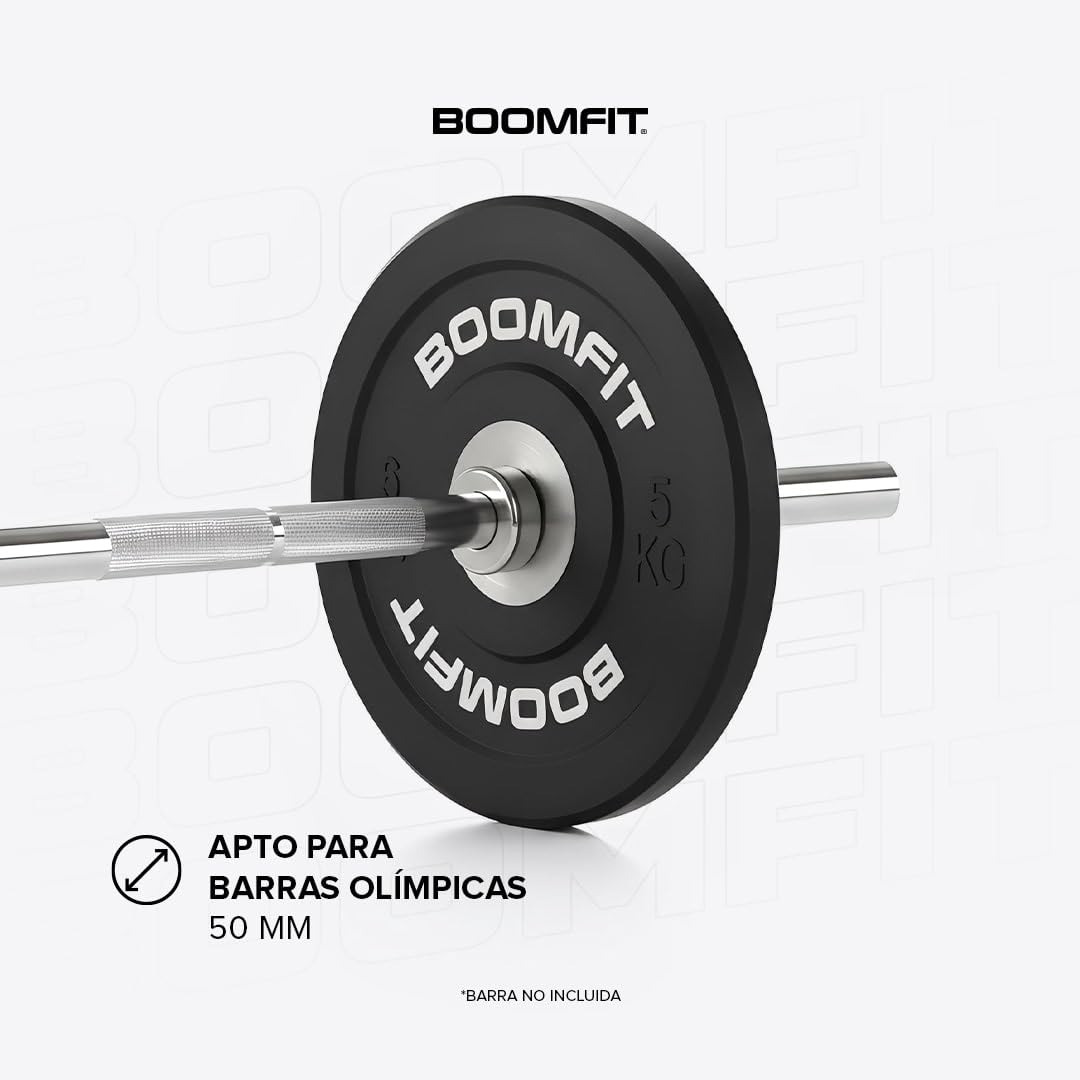 BOOMFIT Discos de Competición de Goma 2,5-25 kg para Barra Olímpica 50 mm | rebote controlado y color identificativo por peso | Kit Gimnasio en Casa, CrossFit, Halterofilia y Powerlifting