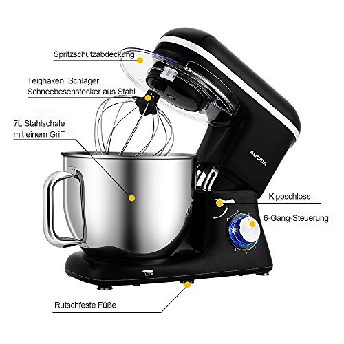 Foto von Aucma Küchenmaschine Knetmaschine 1400W, 6.2L Reduzierte Geräusche Knetmaschine mit Rührbesen, Knethaken, Schlagbesen und Spritzschutz, 6 Geschwindigkeit mit Edelstahlschüssel Teigmaschin (7L Schwarz)