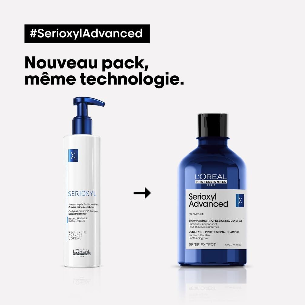 L'OREAL PROFESSIONNEL - Shampoing Densifiant & Corporisant - +22% de Volume dès la 1ère Utilisation - Soin Volumateur pour Cheveux Clairesemés - Sans Silicone - Serioxyl Advanced - 300 ml