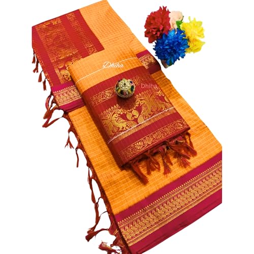 Image of Gadwal Cotton Silk Checked Saree for Women | Pure Kalyani Cotton Checked Saree with Zari Border Tassels & Blouse | Kanjivaram Linen Silk | Handloom Weave