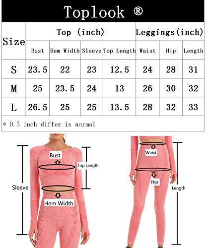 Toplook Women Seamless Workout Outfits Athletic Set Leggings + Long Sleeve Top (Black, Small)