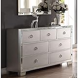 KOYVRY Mirrored Dresser - Silver Dresser with Mirrored Trim and 7 Storage Drawers, Glam Dresser with Round Handles and Wooden Tapered Legs, Dresser Cabinet for Bedroom, Silver