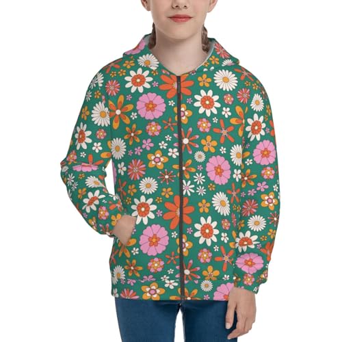 Retro Flower Kids Pullover Hoodies Boys Zip Up Sweatshirts Girls Athletic Clothes with Pocket3