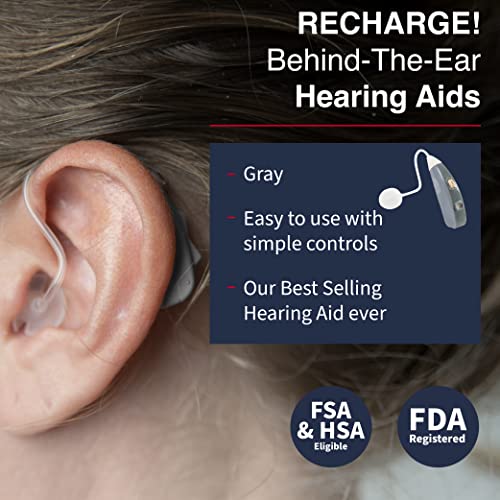 Fda Registered Rechargeable Otc Hearing Aid Kit By Hearingassist, Gray - Recharge Behind The Ear Hearing Aid Kit For Seniors & Hearing Loss - Portable Charging Case, Silicone Ear Tips & Cleaning Tool #TOP1