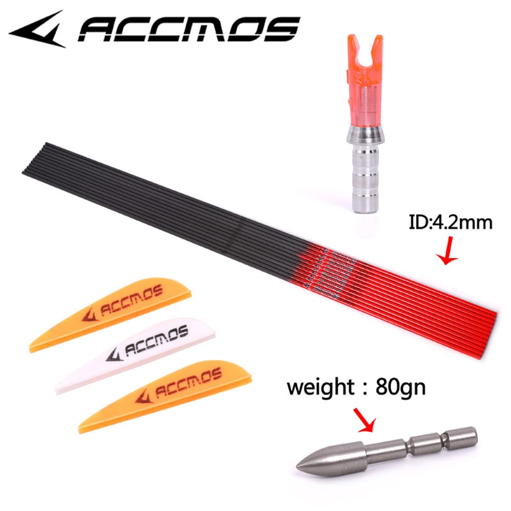 ACCMOS 12pcs Longueur Personnalisée Flèche Carbone pour 15-80 LB Arc à Poulies Diamètre Intérieur 4.2mm .165" 22-32 Pouces Spine 400 500 600 700 800 900 1000 Adulte Jeunesse Chasse et Entraînement