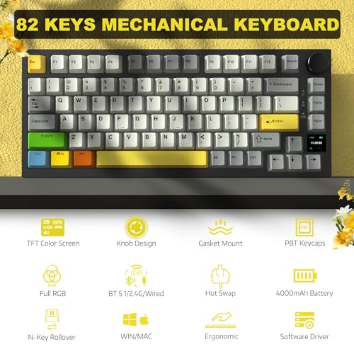 Image of ATTACK SHARK Ajazz AK820Pro Spiral Wired Mechanical Keyboard, Bluetooth 5.1 /USB-C /2.4G, Wireless Gaming Keyboard 75%, TFT Smart Display and Knob, PBT RGB Baclit Keyboard Assembled