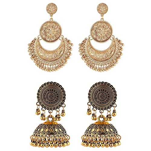 2 Pairs Gold Indian Jhumka Earrings for Women Ethnic Dangle Earrings Vintage Earrings Traditional Jhumka Jhumki Earrings for Women and Girls
