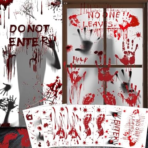 Bloody Handprint Footprint Stickers Door Cover Halloween Decorations - Halloween Party Decorations Bloody Window Decals Spooky Wall Floor Clings Horror Bathroom Decor Party Supplies for Haunted House Cover