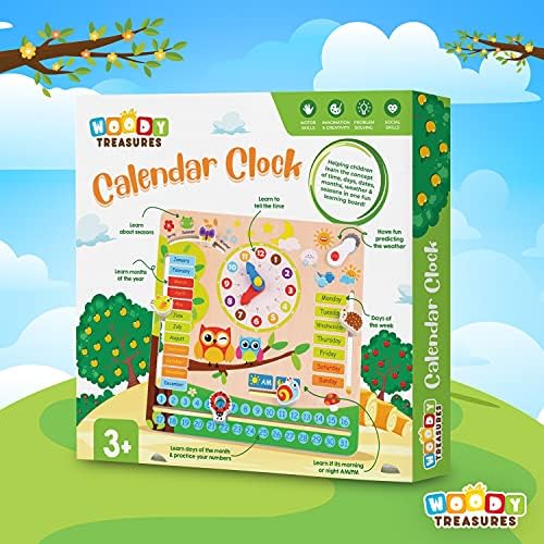 Woody Treasures Teaching Clock + Kids Calendar - Wooden Toy for Children Ages 3 & Up, Learn to Tell the Time Clock, Date, Weather, Educational Toys for Toddlers / Preschoolers, Girls & Boys