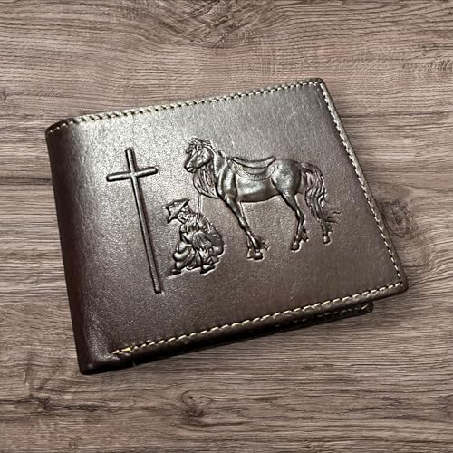 Minimalist Leather Wallet for Men – Embossed Cowboy Praying at Cross – Slim Bifold Western Wallet2